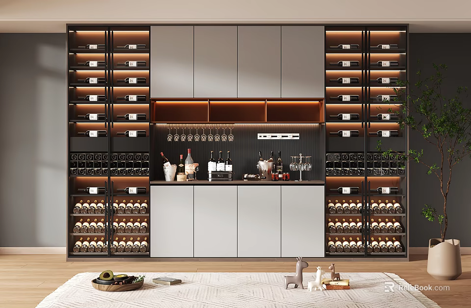 Modern Wine Cabinet With Multiple Wine Racks Glass Holders And LED Lighting 3d model 