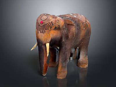 Handcrafted Wooden Elephant Doll With Carved Patterns Red Gem Eyes And White Tusk Details 3d model