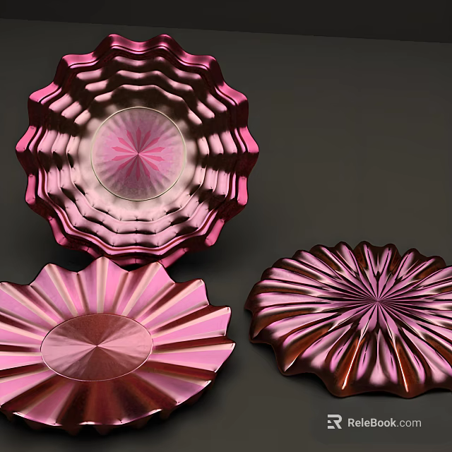 Elegant Metallic Floral Decorative Plates Featuring Pink Copper Striped Patterns 3d model 