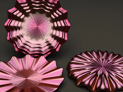Elegant Metallic Floral Decorative Plates Featuring Pink Copper Striped Patterns 3d model