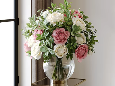 Decorative Transparent Glass Vase With Pink And White Roses Green Leaves On Golden Small Table 3d model
