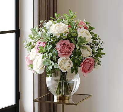 Decorative Transparent Glass Vase With Pink And White Roses Green Leaves On Golden Small Table 3d model