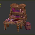 Wooden Functional Desk Featuring Bookshelf With Books Scrolls Candles And Barrel