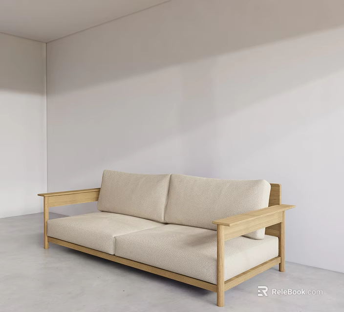 Minimalist Two Seater Sofa With Beige Cushions And Wooden Frame In Bright White Living Room 3d model 