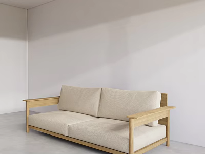 Minimalist Two Seater Sofa With Beige Cushions And Wooden Frame In Bright White Living Room 3d model
