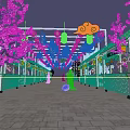 Ancient Commercial Street With Cherry Blossoms Lanterns Fish Shaped Decorations And People In Traditional Costumes 3d model