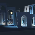 Modern Banquet Hall Interior With Arched Structures Geometric Giraffe And Moonlight Lighting 3d model