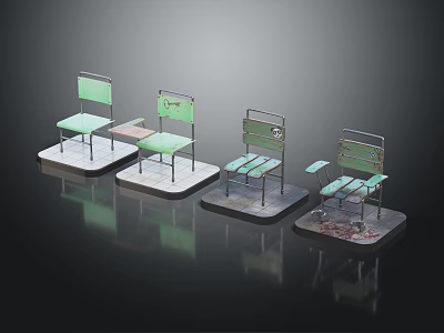 Modern Green Metal Chairs with Various Designs and Styles on Display Stands 3d model