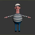 Cartoon Man Wearing White Hat And Blue White Striped Shirt With Arms Outstretched Gray Background