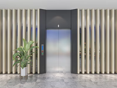 Modern Elevator Corridor With Vertical Slat Walls Green Plant And Marble Floor 3d model