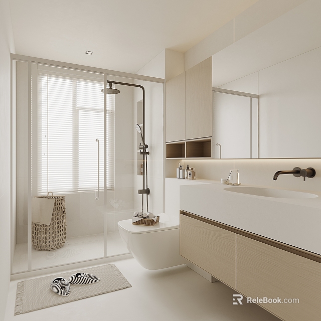 Modern Bathroom Interior With Glass Shower Enclosure Blinds Window White Toilet And Light Wood Vanity 3d model 