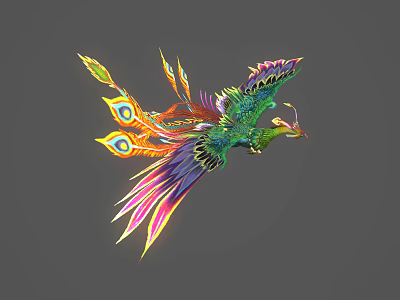 Vibrant Mythical Flying Bird with Colorful Feathers Green Body and Eye Shaped Tail Patterns Soaring 3d model