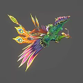 Vibrant Mythical Flying Bird with Colorful Feathers Green Body and Eye Shaped Tail Patterns Soaring