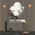 Elegant Console Table With Decorative Mirror Bonsai Ornament Wall Lamps And Marble Top