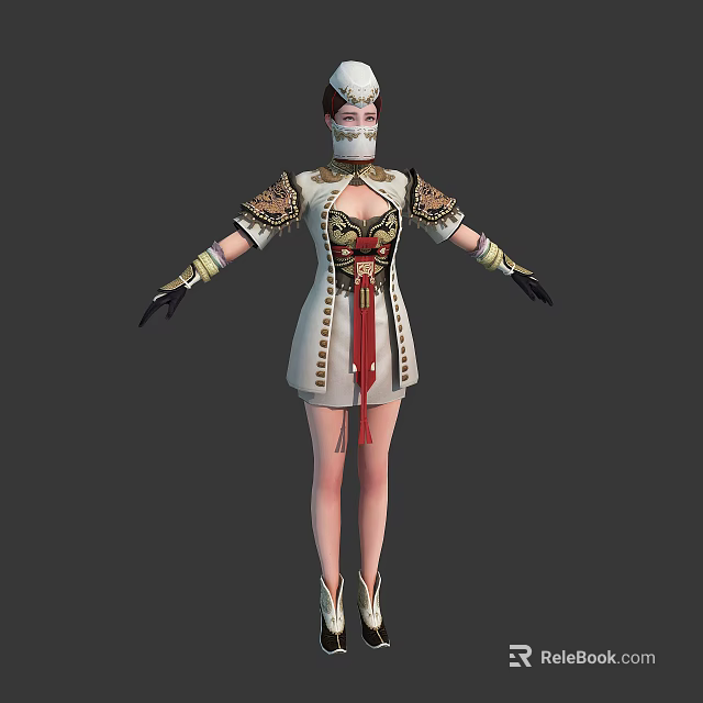 Masked Female Humanoid Creature Wearing White Outfit With Golden Decorations Red Sash and Black Gloves 3d model 