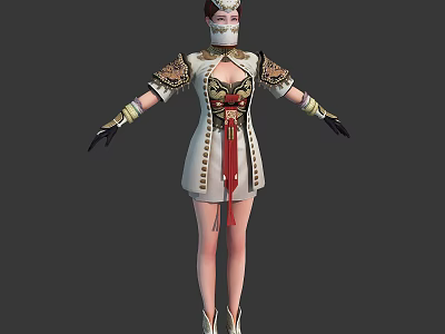 Masked Female Humanoid Creature Wearing White Outfit With Golden Decorations Red Sash and Black Gloves 3d model