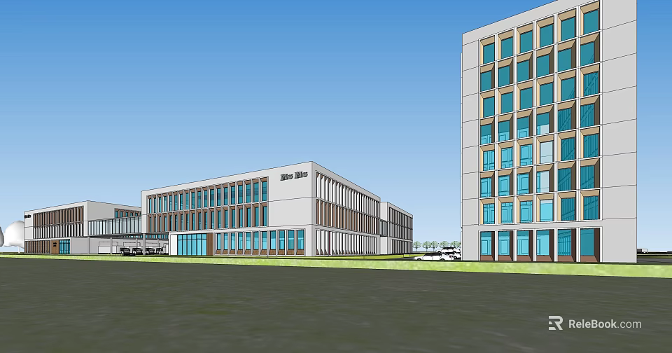 Modern Office Building Exterior With Glass Curtain Walls And Spacious Grounds 3d model 