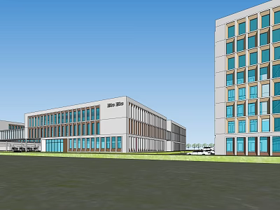 Modern Office Building Exterior With Glass Curtain Walls And Spacious Grounds 3d model