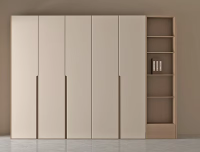 Modern Wardrobe With Beige Doors And Wooden Open Shelf For Bedroom Interior 3d model