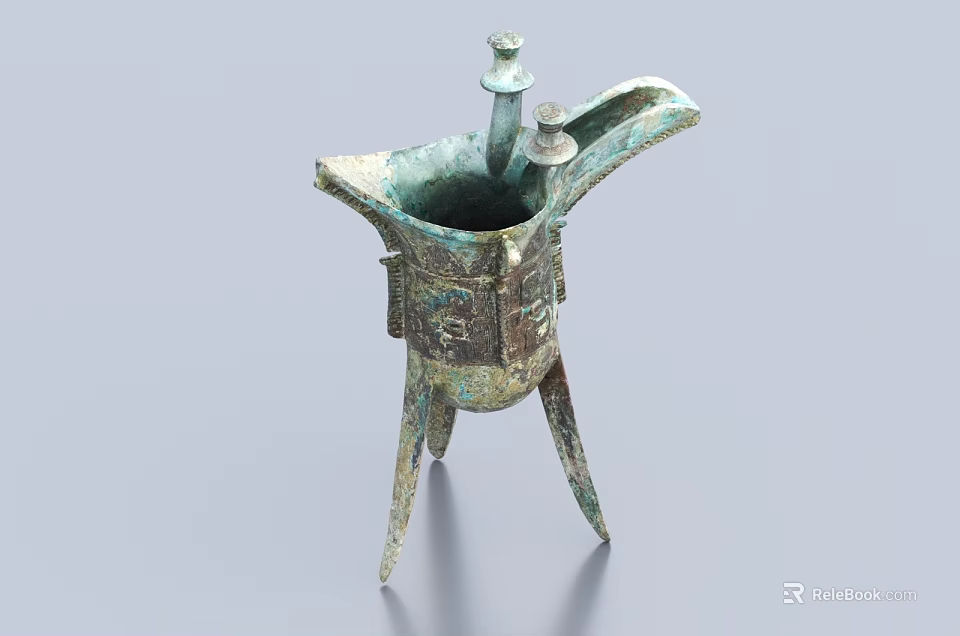 Traditional Bronze Colored Ceramic Vessel With Three Legs And Intricate Patterns 3d model 
