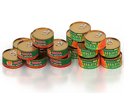 Stacked HIKPA Canned Food with Green and Orange Labels 3d model