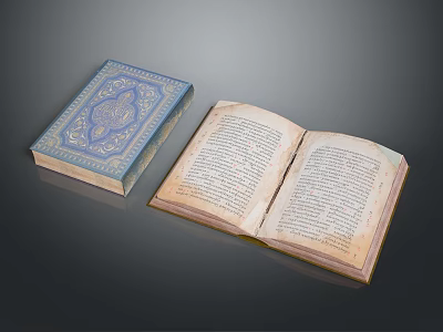 Intricately Carved Blue Book Cover With Sculptural Design And Open Vintage Pages 3d model