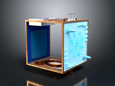 Mechanical Display Case With Wooden Frame Blue Panel Gear Mechanism And Transparent Components 3d model