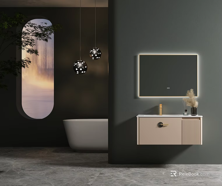 Modern Wall-Mounted Bathroom Cabinet With Framed Mirror Pendant Lights Natural Plant And Bathtub 3d model 