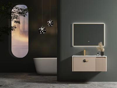 Modern Wall-Mounted Bathroom Cabinet With Framed Mirror Pendant Lights Natural Plant And Bathtub 3d model