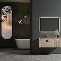 Modern Wall-Mounted Bathroom Cabinet With Framed Mirror Pendant Lights Natural Plant And Bathtub