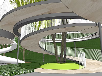 Outdoor Children's Play Area With Spiral Structure Trees Green Lawn And Railings 3d model