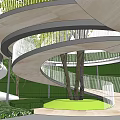 Outdoor Children's Play Area With Spiral Structure Trees Green Lawn And Railings