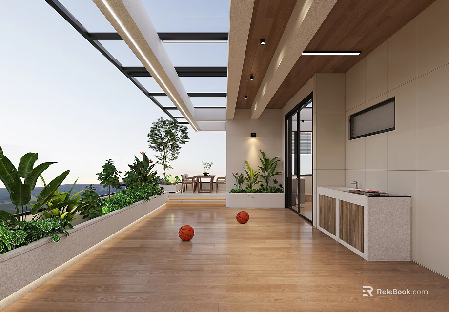 Modern Home Balcony With Wooden Flooring Glass Roof Green Plants And Orange Balls 3d model 