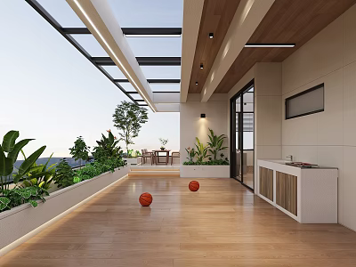 Modern Home Balcony With Wooden Flooring Glass Roof Green Plants And Orange Balls 3d model