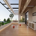 Modern Home Balcony With Wooden Flooring Glass Roof Green Plants And Orange Balls