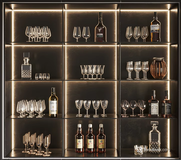 Display Of Assorted Wine Bottles And Glasses On Illuminated Shelves 3d model 