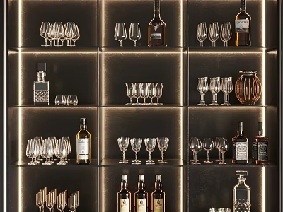 Display Of Assorted Wine Bottles And Glasses On Illuminated Shelves 3d model