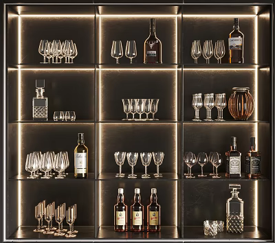 Display Of Assorted Wine Bottles And Glasses On Illuminated Shelves 3d model