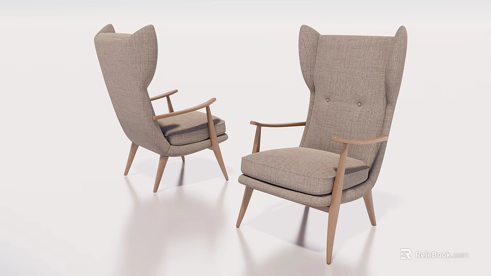 Light Gray Fabric Wingback Single Seater Sofa With Modern Wooden Legs And Armrests 3d model 