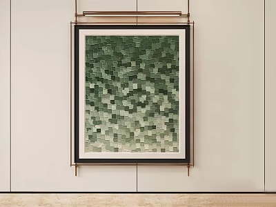 Abstract Painting With Green Square Pattern In Black Frame Hanging On Light Wall 3d model