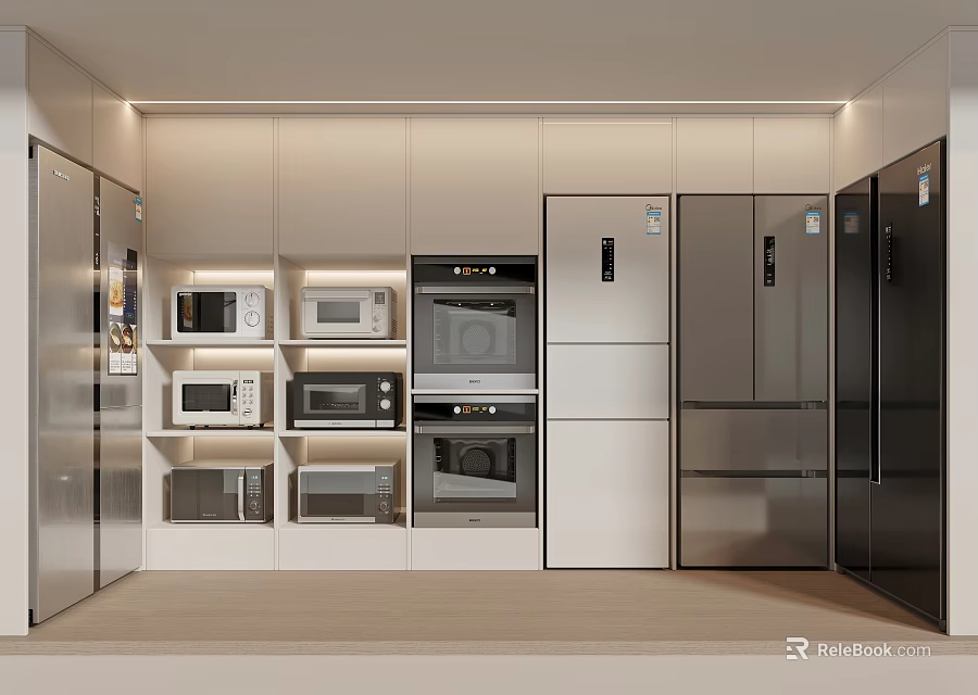 Modern Kitchen Interior With Multiple Microwaves Ovens Refrigerators And Cabinets 3d model