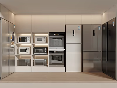 Modern Kitchen Interior With Multiple Microwaves Ovens Refrigerators And Cabinets 3d model