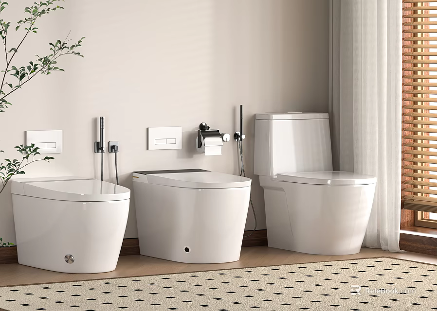 Three Modern White Toilets In Minimalist Bathroom Interior With Natural Light And Plants 3d model 