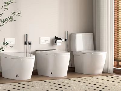 Three Modern White Toilets In Minimalist Bathroom Interior With Natural Light And Plants 3d model