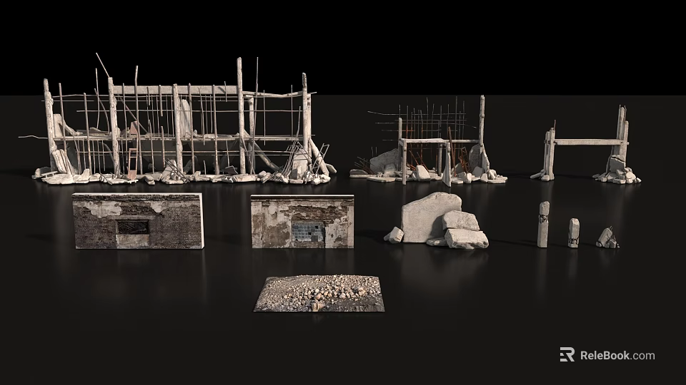 Construction Scene Components With Scaffolding Stone Blocks And Ruined Structures 3d model 