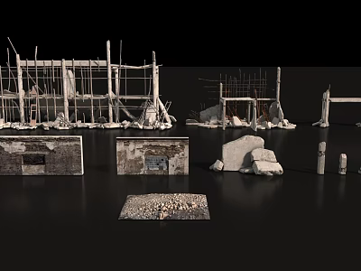 Construction Scene Components With Scaffolding Stone Blocks And Ruined Structures 3d model