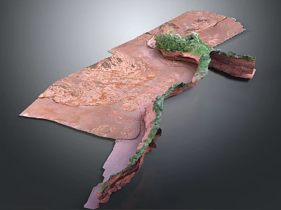 Detailed 3D Terrain Model Featuring Red Rock Formations And Green Vegetation Areas 3d model