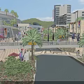 Vibrant Commercial Street With River Pedestrian Bridge Palm Trees Pedestrians Modern Buildings And Lush Greenery