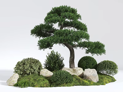 Serene Garden Landscape With Tall Pine Tree Lush Grass Trimmed Bushes And Natural Rocks 3d model