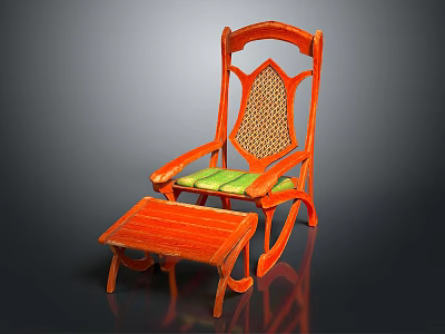 Orange Rocking Chair With Wicker Back Green Cushion And Footstool 3d model